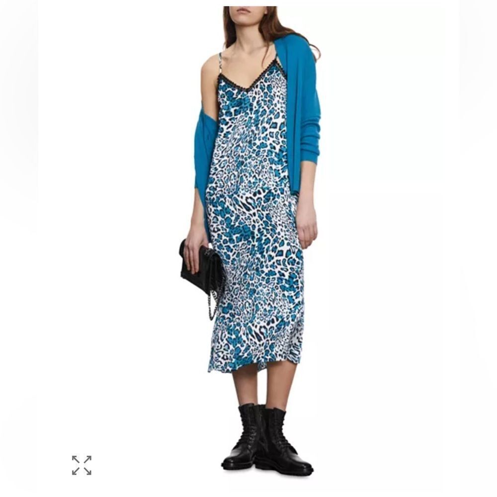 $380 The Kooples Leopard Print Midi Dress Blue NWT SMALL
